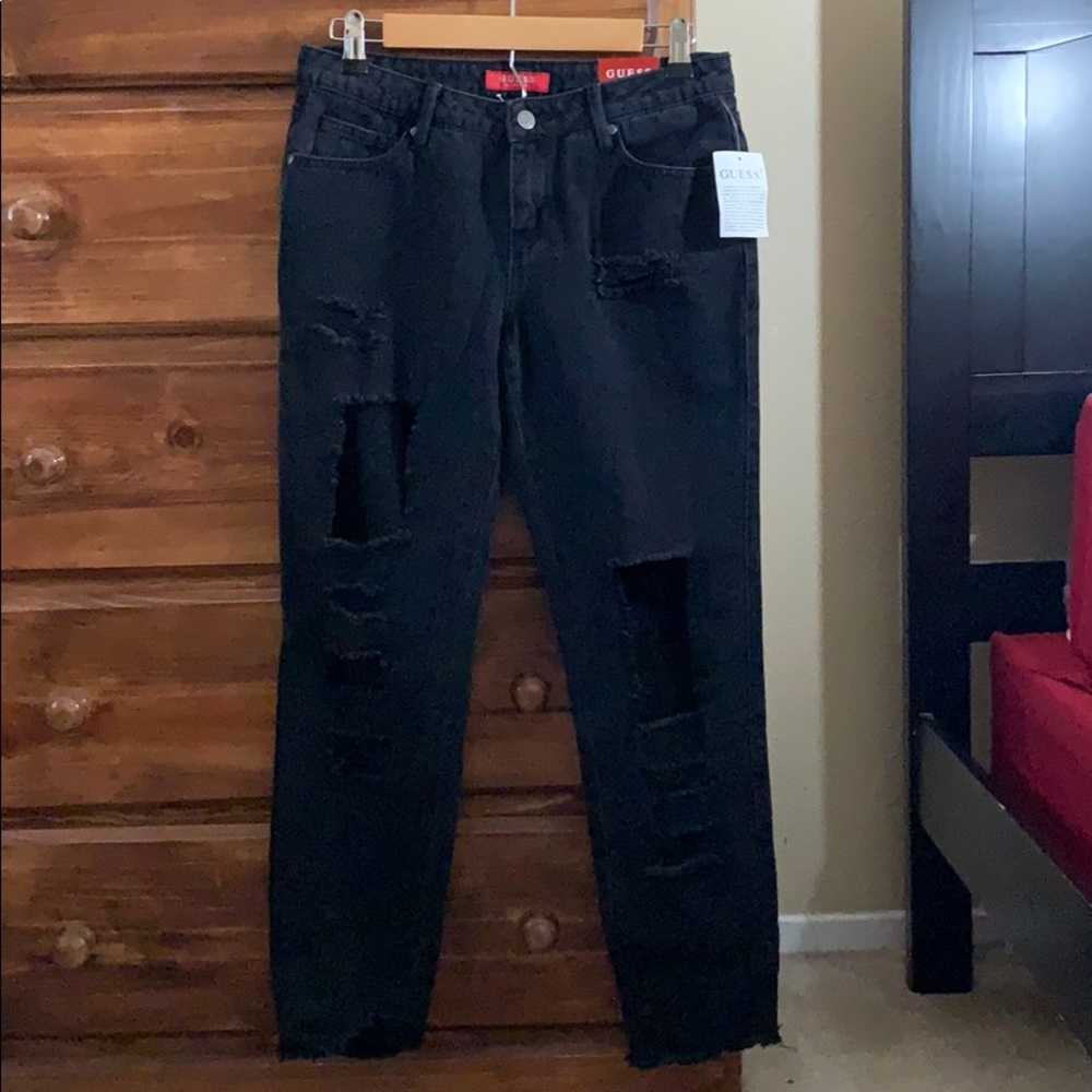 Guess black destroyed wash jeans